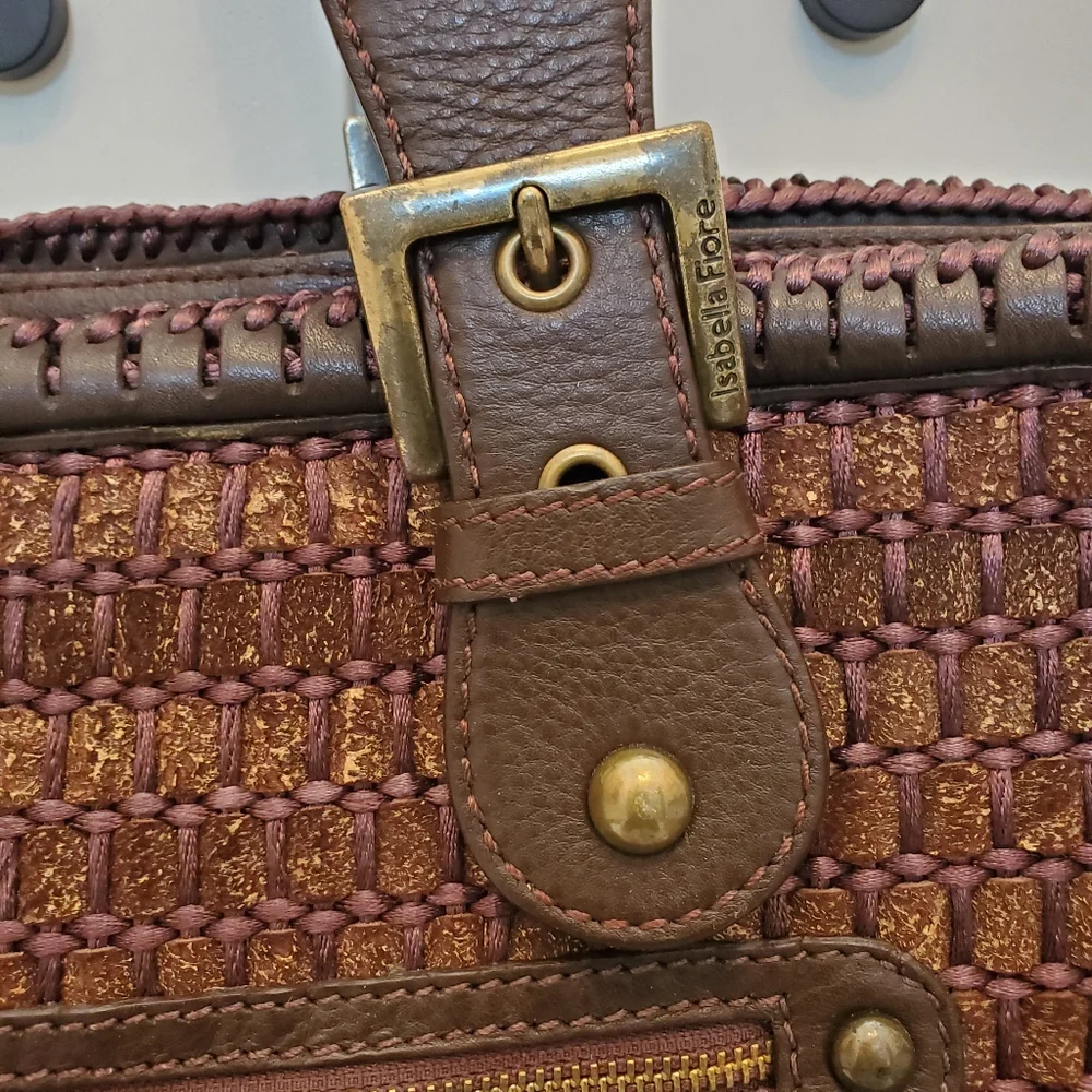 ISABELLA FIORE Leather Woven Large Shoulder Bag Handbag Brown